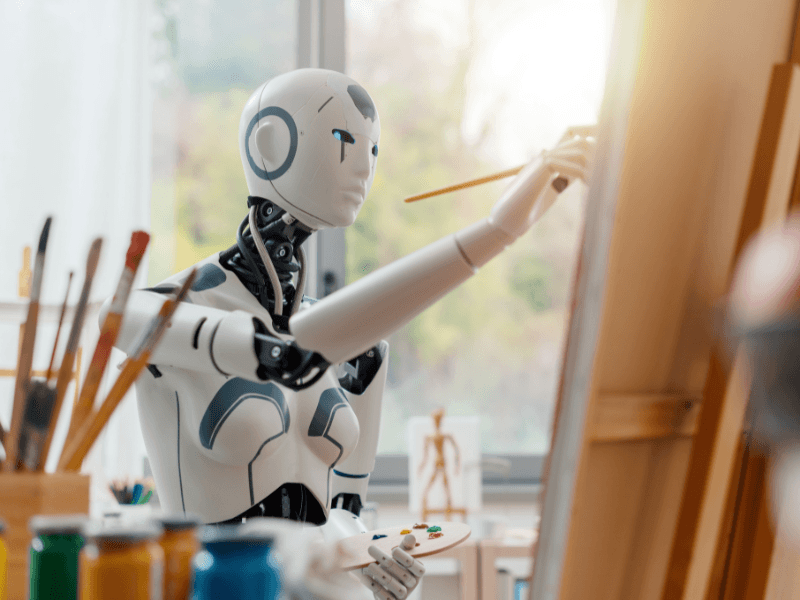 Roboter der auf einer Leinwand malt